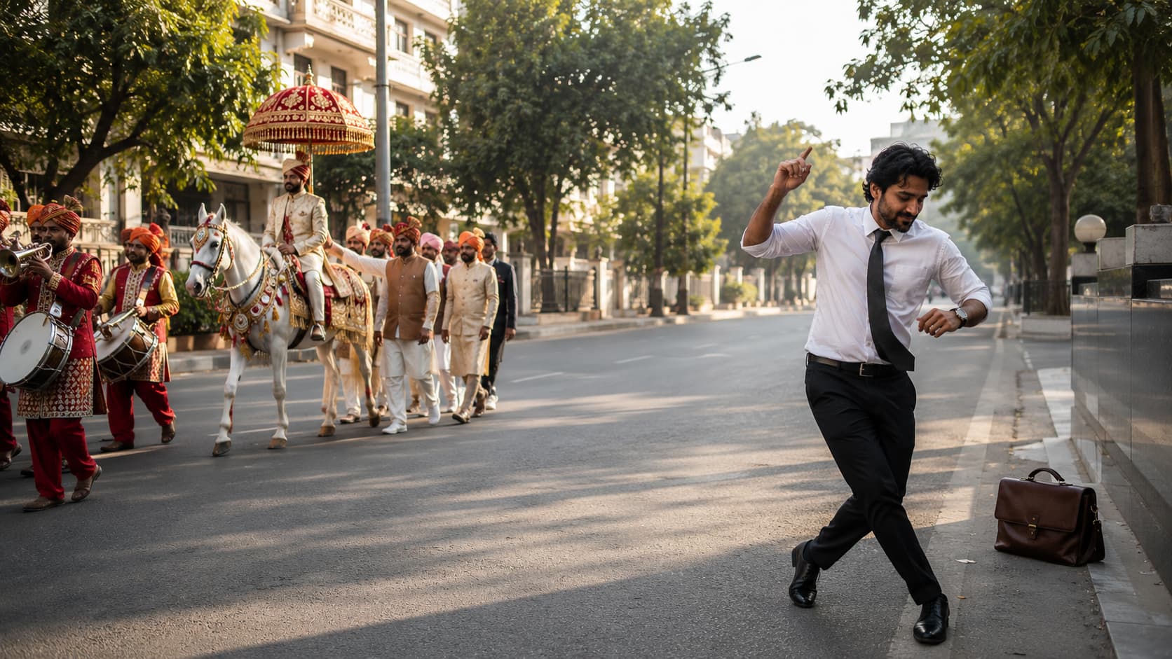 A man in office wear dancing on a quiet street as a wedding procession passes — 10X, The Brain Battery